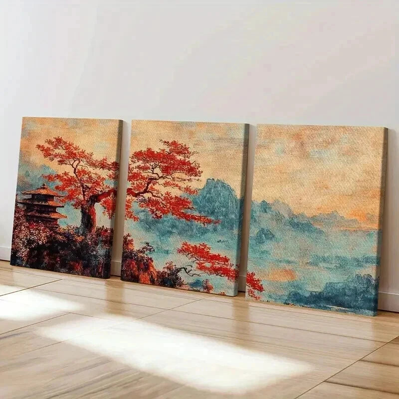 3pcs Autumn Landscape Red Maple Tree Wall Art Set Canvas Framed 50x70cm - High Quality Print 100% Australian Made Wall Canvas Ready to Hang - Bella Home Decor