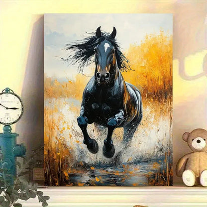 Black Horse In Motion Vibrant Brushstrokes Painting 40x60cm Metal Print Ready to Hang