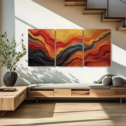 3pcs Vibrant Red Orange & Black Lava Flow Design Metal Print Ready to Hang Art - Bella Home Decor