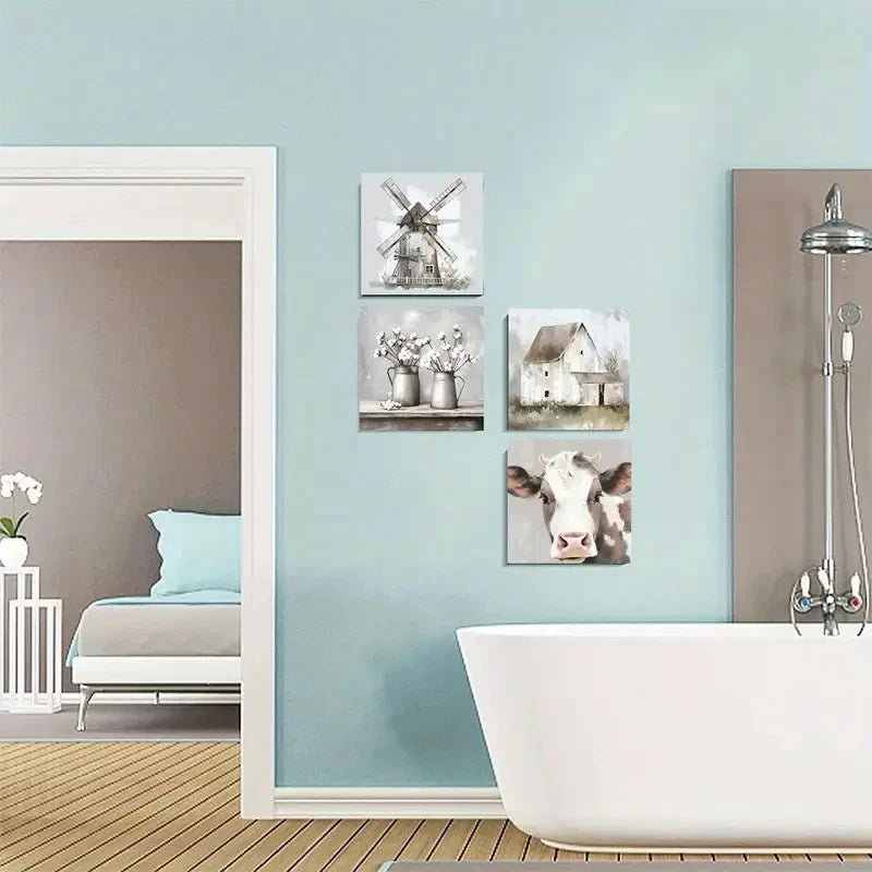 4pcs Farmhouse Windmill Tin Kettle Cow Wall Art Canvas Framed