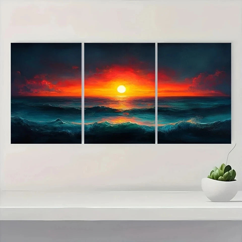 3pcs Boho Sunset Ocean Waves & Starry Sky Metal Print Ready to Hang Art - Bella Home Decor