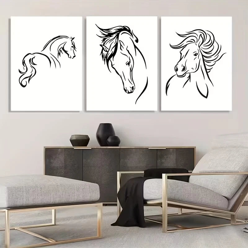 3pcs Black and White Horse Line Art  Wall Art Set Canvas Framed 60x90cm - High Quality Print 100% Australian Made Wall Canvas Ready to Hang - Bella Home Decor