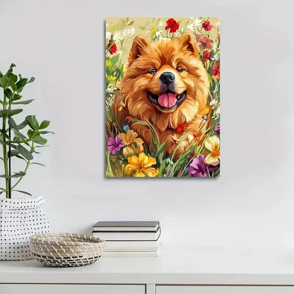 Flowers And Plants Cute Chow Chow Dog Painting 40x60cm Metal Print Ready to Hang - Bella Home Decor