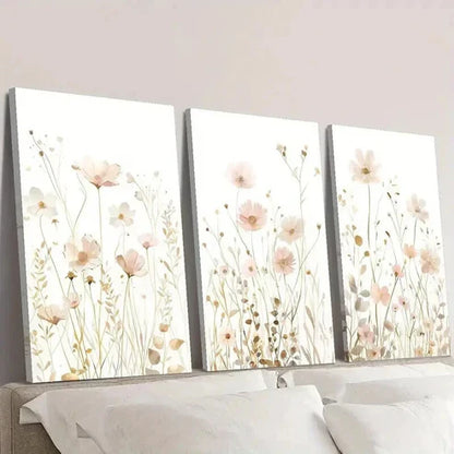 3pcs Soft Pink And Golden Wildflowers Wall Art Canvas Unframed - High Quality Print 100% Australian Made Wall Canvas