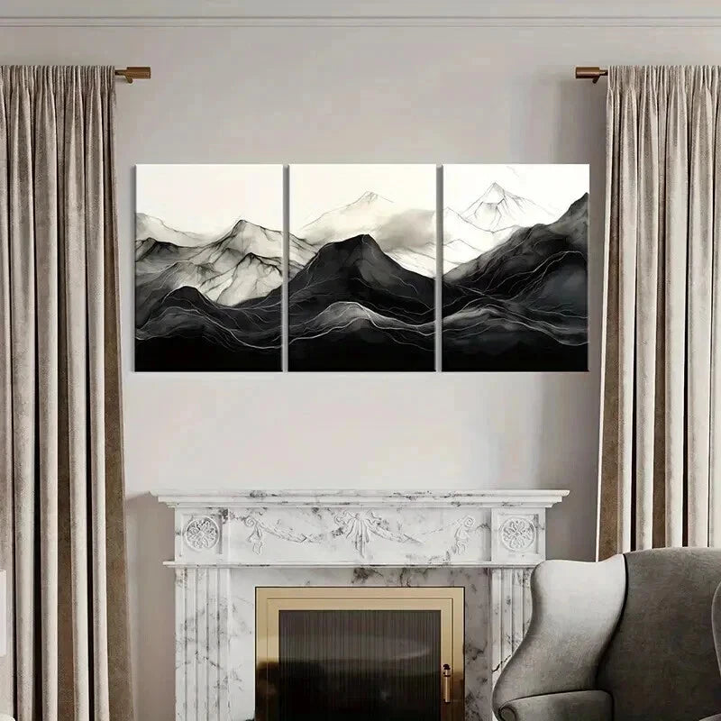 3pcs Zen Aesthetic Black & White Mountain Wall Art Set Canvas Framed 40x60cm - High Quality Print 100% Australian Made Wall Canvas Ready to Hang - Bella Home Decor