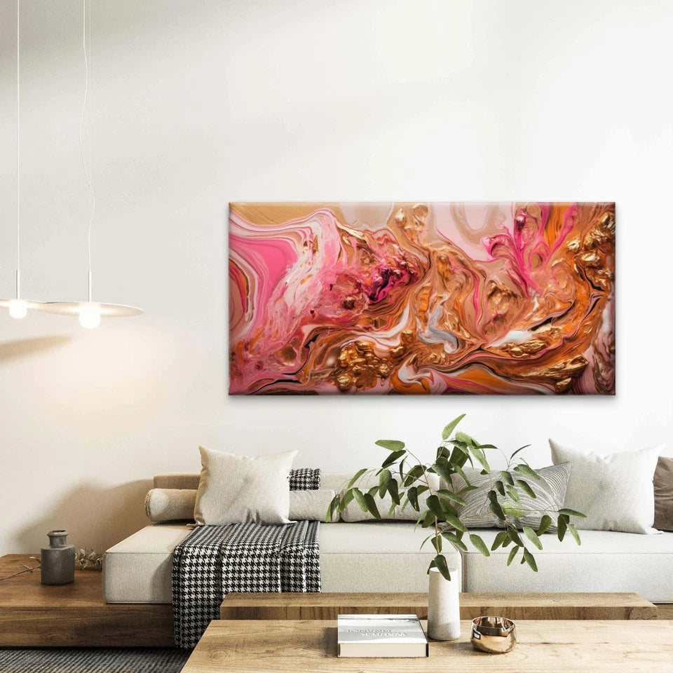 Pink And Gold Abstract Swirl Wall Art Canvas Office Home Room Framed 120x60cm