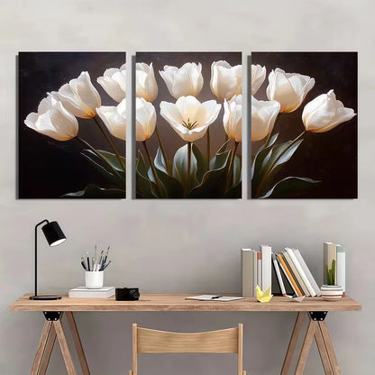 3pcs White Tulips with Black Oil Painting   Wall Art Set Canvas Framed 40x60cm - High Quality Print 100% Australian Made Wall Canvas Ready to Hang