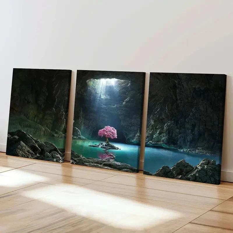 3pcs Mystical Cave with Glowing Tree & Lake Wall Art Set Canvas Framed 50x70cm - High Quality Print 100% Australian Made Wall Canvas Ready to Hang