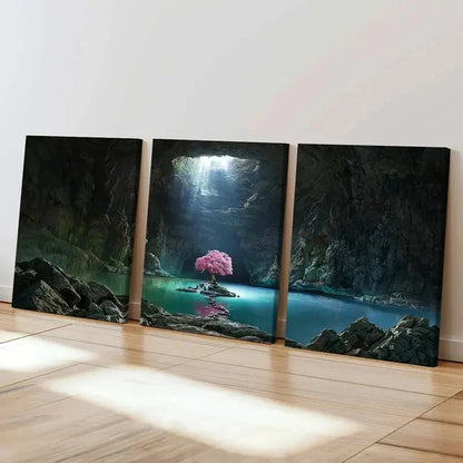 3pcs Mystical Cave with Glowing Tree & Lake Wall Art Set Canvas Framed 50x70cm - High Quality Print 100% Australian Made Wall Canvas Ready to Hang