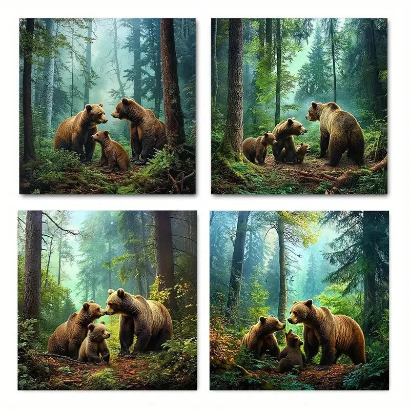 4pcs Brown Bear FamilyWall Art Canvas Framed