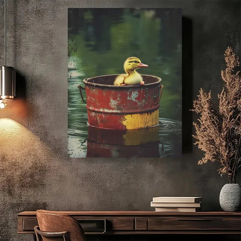 Beautiful Charming Duckling in Rustic Bucket Painting 40x60cm Metal Print Ready to Hang - Bella Home Decor