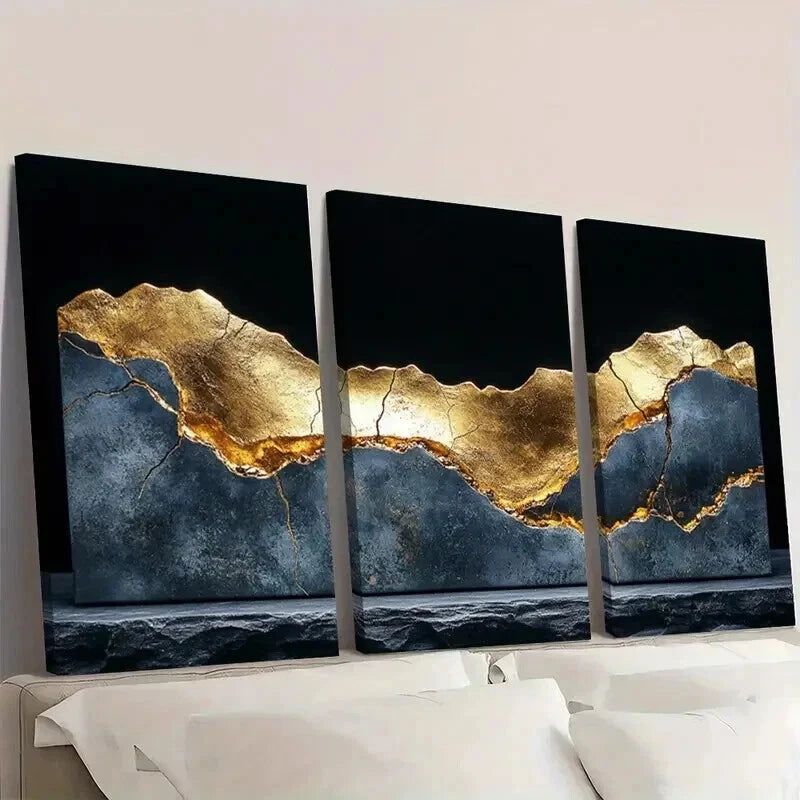 3pcs Cracked Golden Metallic Sheen on Black Wall Art Set Canvas Framed 50x70cm - High Quality Print 100% Australian Made Wall Canvas Ready to Hang - Bella Home Decor