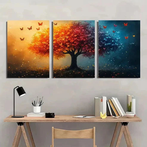 3pcs Vibrant Autumn & Winter Butterfly Tree Wall Art Canvas Unframed - High Quality Print 100% Australian Made Wall Canvas