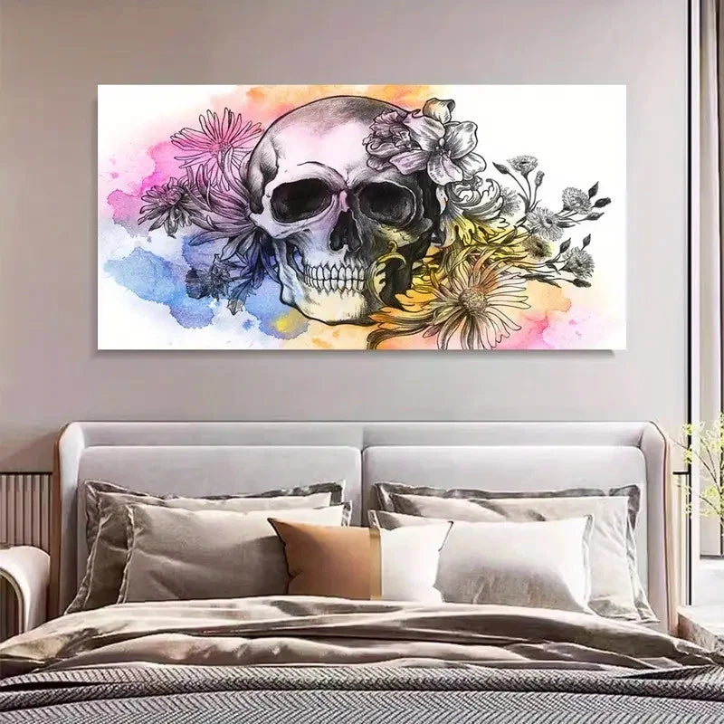 Vibrant Floral Skull Design Wall Art Canvas Office Home Room Framed 120x60cm