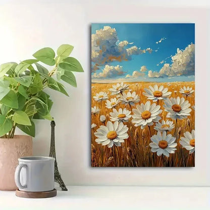 Beautiful White Daisies Under Bright Blue Painting 60x90cm Metal Print Ready to Hang