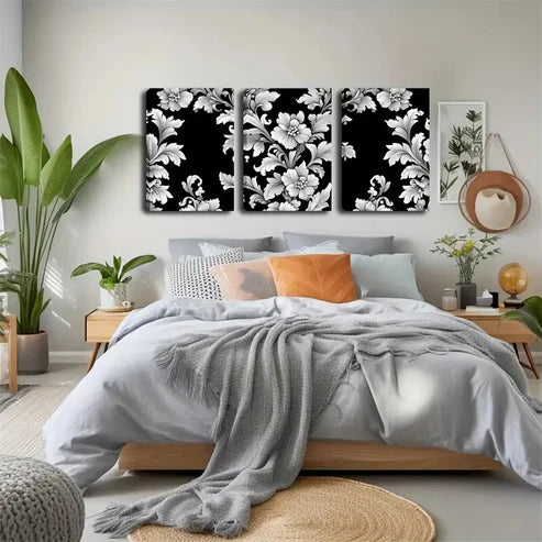 3pcs Black & White Flower Design Wall Art Canvas Unframed - High Quality Print 100% Australian Made Wall Canvas - Bella Home Decor