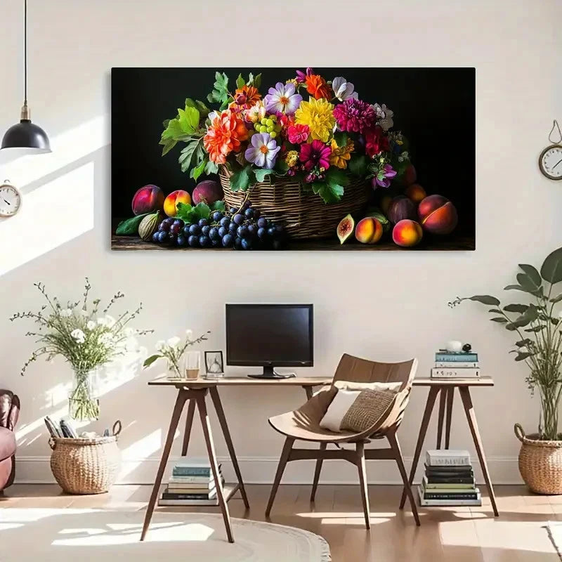 Vibrant Basket Flowers & Grapes Wall Art Canvas Office Home Room Framed 120x60cm - Bella Home Decor