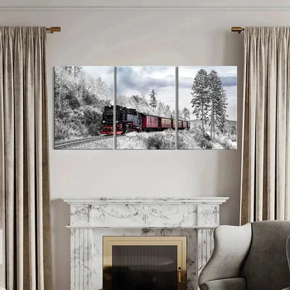 3pcs Winter Nature Snow Scene Steam Train Wall Art Set Canvas Framed 60x90cm - High Quality Print 100% Australian Made Wall Canvas Ready to Hang - Bella Home Decor