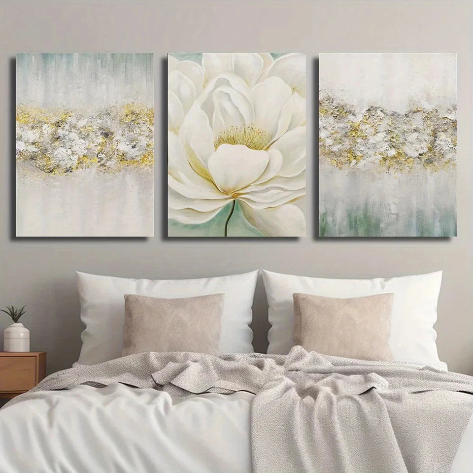 3pcs Golden Texture Beige & Green Abstract Metal Print Ready to Hang Art - Bella Home Decor