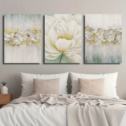 3pcs Golden Texture Beige & Green Abstract Metal Print Ready to Hang Art - Bella Home Decor