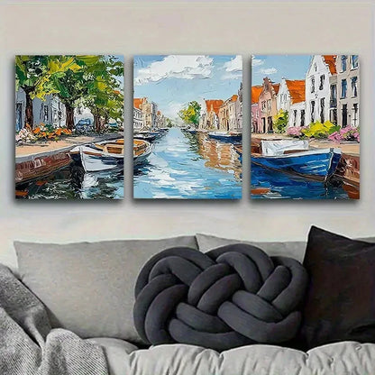 3pcs Colorful European Town by Canal Wall Art Set Canvas Framed 40x60cm - High Quality Print 100% Australian Made Wall Canvas Ready to Hang - Bella Home Decor