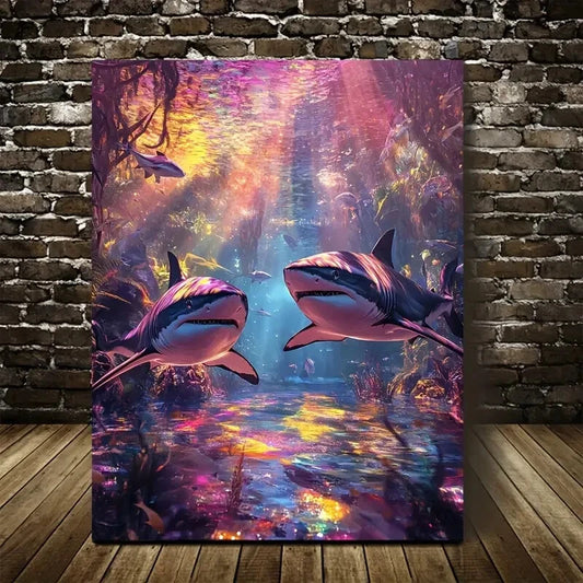 Vibrant Shark Forest Scene With Rainbow Painting  40x60cm Metal Print Ready to Hang - Bella Home Decor