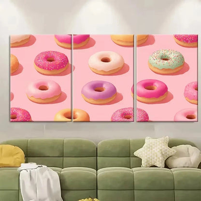 3pcs Pink Donut Kitchen Retro Breakfast Wall Art Set Canvas Framed 40x60cm - High Quality Print 100% Australian Made Wall Canvas Ready to Hang