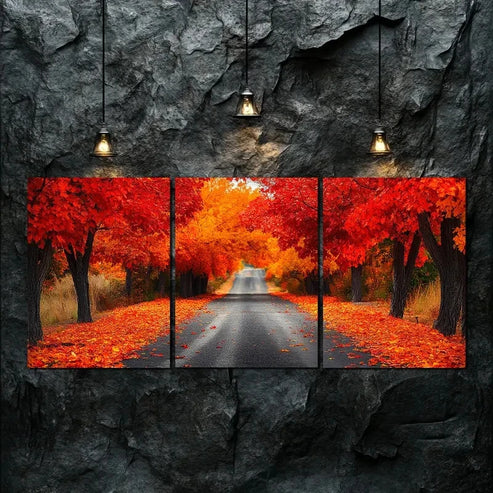 3pcs Vibrant Autumn Forest Road Nature Perfect Wall Art Canvas Unframed - High Quality Print 100% Australian Made Wall Canvas