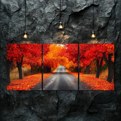 3pcs Vibrant Autumn Forest Road Nature Perfect Wall Art Set Canvas Framed 40x60cm - High Quality Print 100% Australian Made Wall Canvas Ready to Hang