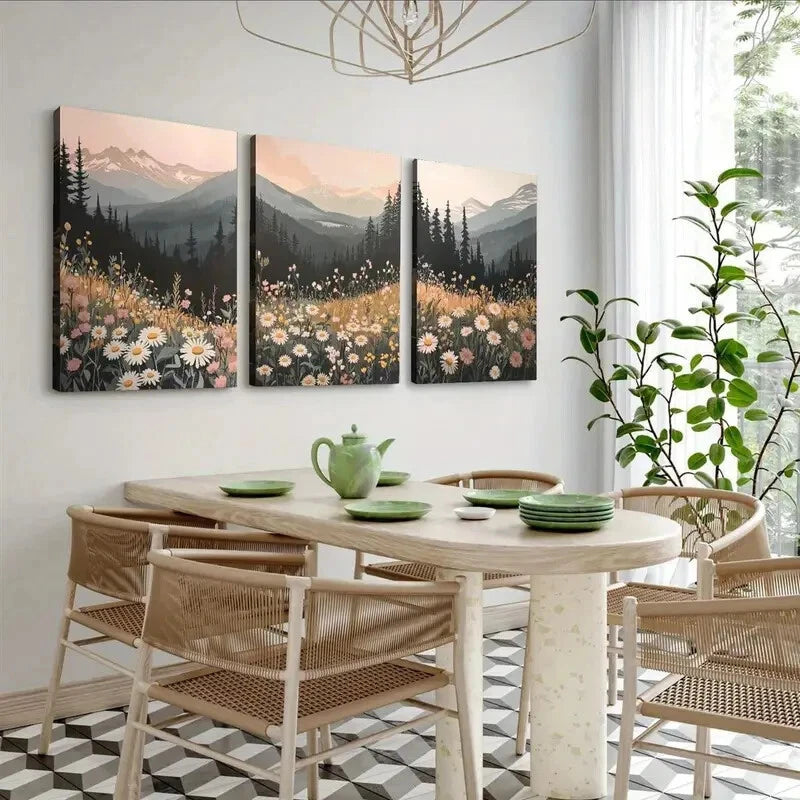 3pcs Wildflower Mountain Sunset Décor Perfect Wall Art Set Canvas Framed 40x60cm - High Quality Print 100% Australian Made Wall Canvas Ready to Hang - Bella Home Decor