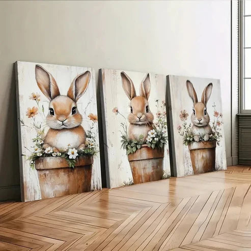 3pcs Cute Little Rabbit Flower Pot Elegant Wall Art Set Canvas Unframed - High Quality Print 100% Australian Made Wall Canvas - Bella Home Decor