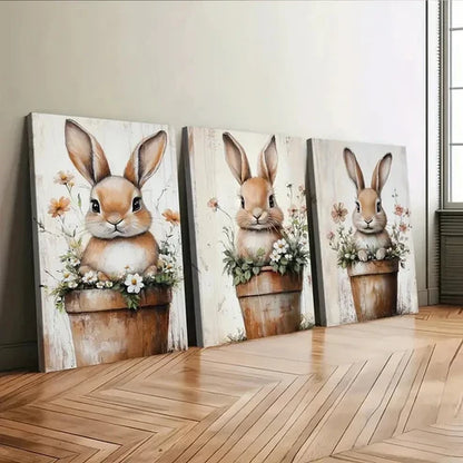 3pcs Cute Little Rabbit Flower Pot Elegant Wall Art Set Canvas Unframed - High Quality Print 100% Australian Made Wall Canvas - Bella Home Decor