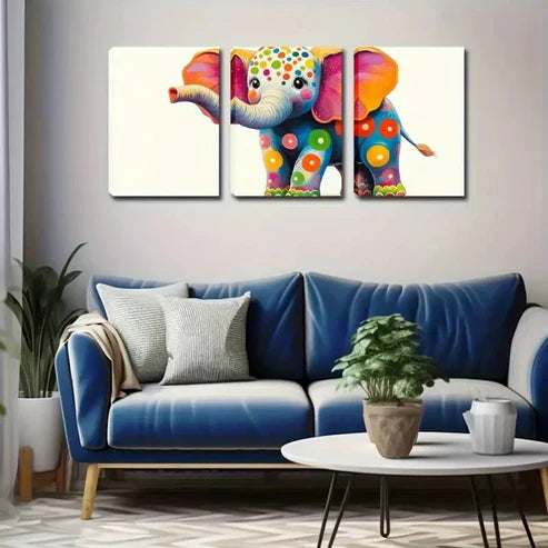 3pcs Cute Elephants Dressed in Colorful Circles Wall Art Set Canvas Unframed - High Quality Print 100% Australian Made Wall Canvas