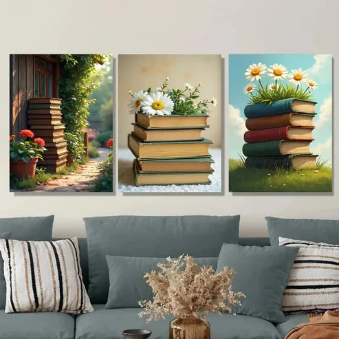 3pcs Charming Garden Path And Books Picture Wall Art Set Canvas Unframed - High Quality Print 100% Australian Made Wall Canvas