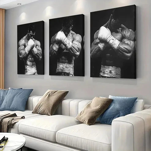 3pcs Black and White Boxing Strong Perfect Wall Art Set Canvas Unframed - High Quality Print 100% Australian Made Wall Canvas - Bella Home Decor