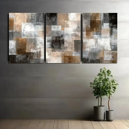 3pcs Abstract Light Brown White and Grey Squares Metal Print Ready to Hang Art - Bella Home Decor