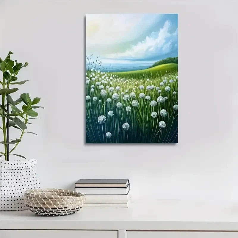 Beautiful Green Onion Grass Meadow Landscape Painting 40x60cm Metal Print Ready to Hang - Bella Home Decor