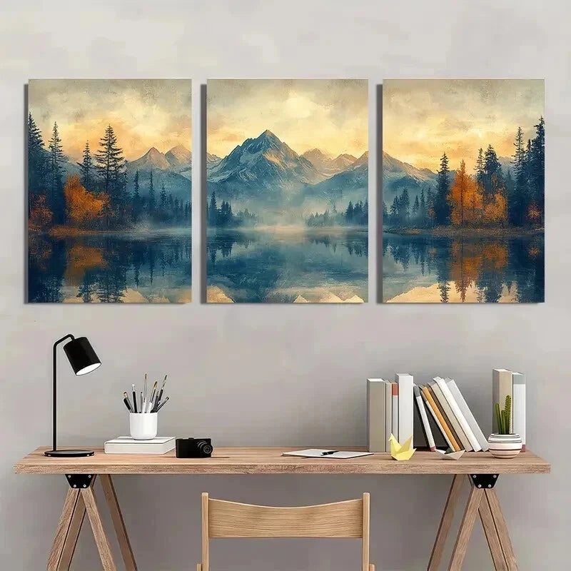 3pcs Abstract Mountain Forest Lake Perfect Wall Art Set Canvas Framed 50x70cm - High Quality Print 100% Australian Made Wall Canvas Ready to Hang - Bella Home Decor