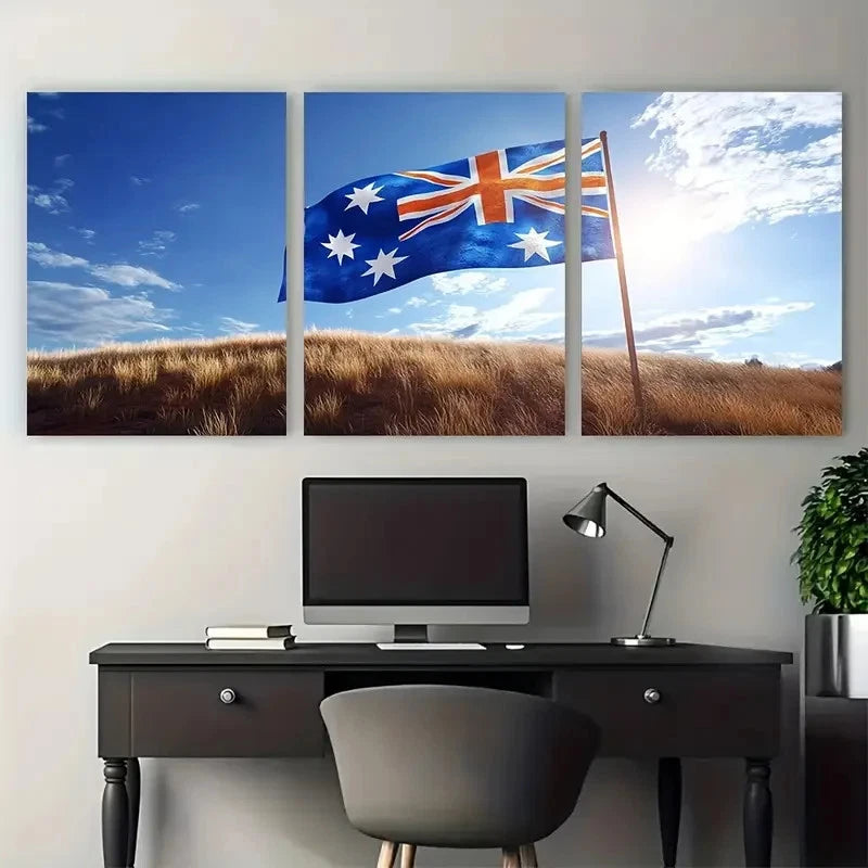 3pcs The Australian Flag Against The Sun  Wall Art Set Canvas Framed 50x70cm - High Quality Print 100% Australian Made Wall Canvas Ready to Hang
