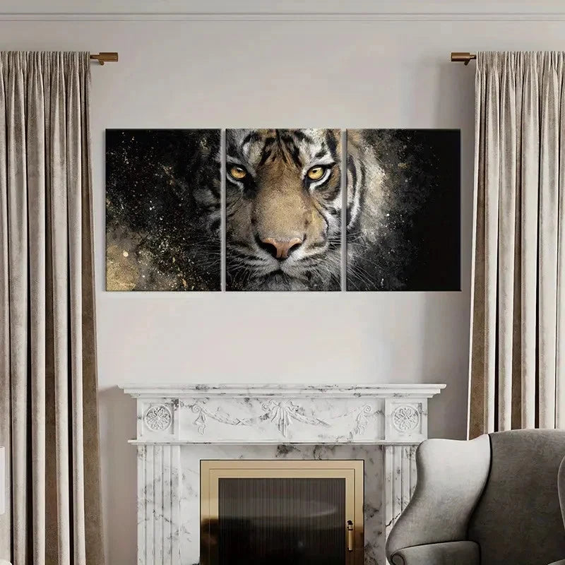 3pcs Tiger Golden Eyes & Abstract Splatter Art  Wall Art Set Canvas Framed 50x70cm - High Quality Print 100% Australian Made Wall Canvas Ready to Hang
