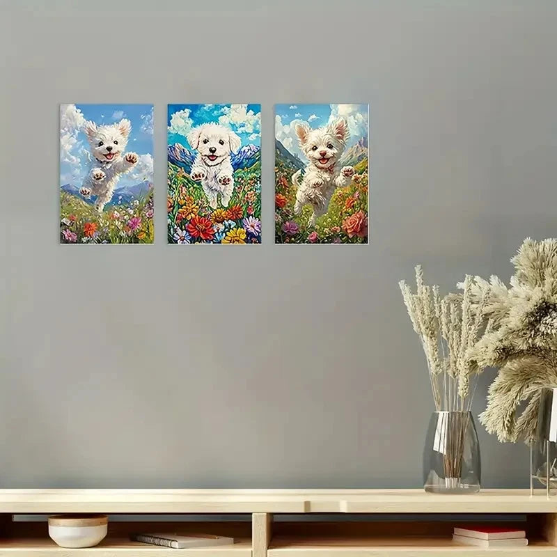 3pcs Charming Puppy in Flower Meadow    Wall Art Set Canvas Framed 50x70cm - High Quality Print 100% Australian Made Wall Canvas Ready to Hang - Bella Home Decor