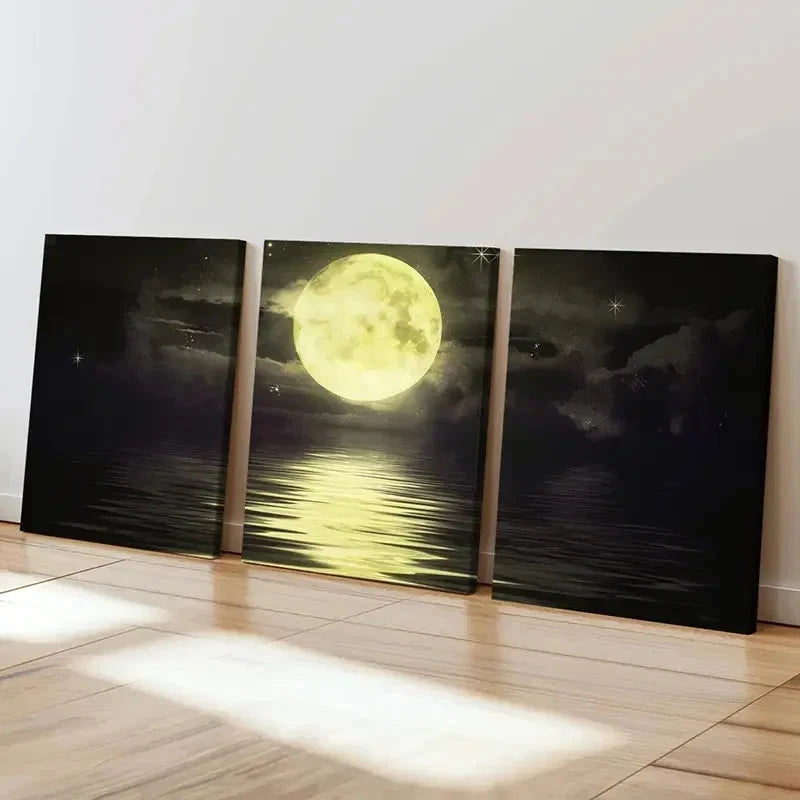 3pcs Full Moon Ocean Natural Landscape Wall Art Set Canvas Framed 40x60cm - High Quality Print 100% Australian Made Wall Canvas Ready to Hang - Bella Home Decor