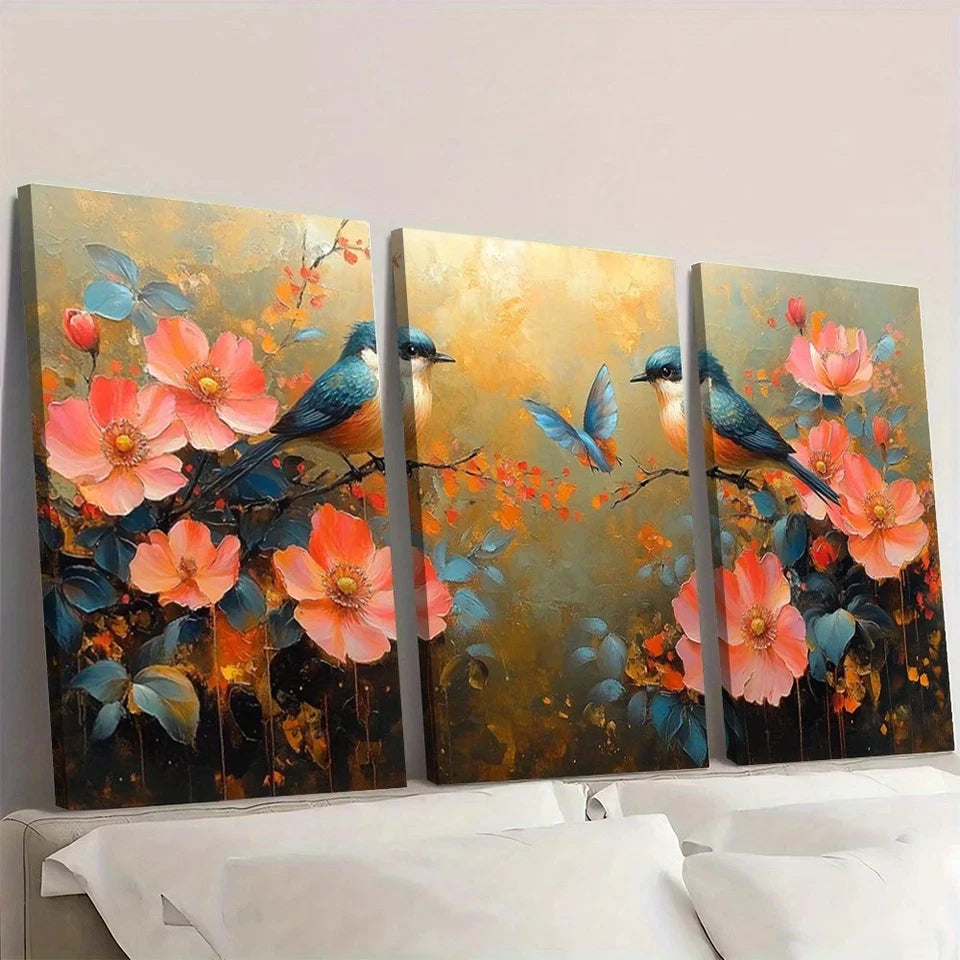 3pcs Beautiful Painting of Flowers And Birds Wall Art Set Canvas Framed 50x70cm - High Quality Print 100% Australian Made Wall Canvas Ready to Hang - Bella Home Decor
