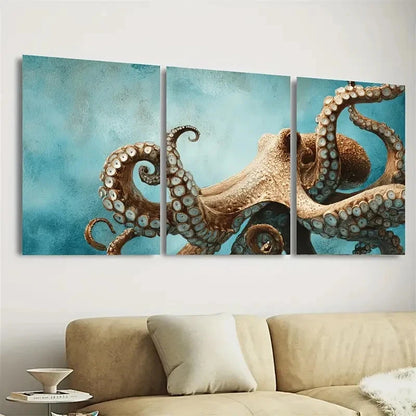 3pcs Octopus Tentacles Coastal Nautical Wall Art Set Canvas Framed 50x70cm - High Quality Print 100% Australian Made Wall Canvas Ready to Hang