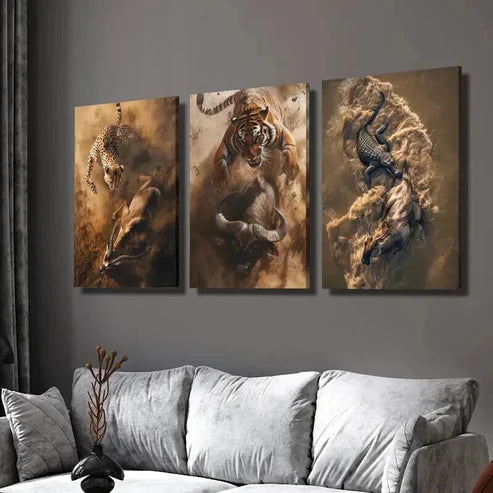 3pcs Cheetah Tiger Crocodile Hunting & Eating Wall Art Set Canvas Unframed - High Quality Print 100% Australian Made Wall Canvas - Bella Home Decor