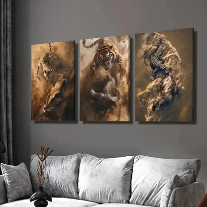 3pcs Cheetah Tiger Crocodile Hunting & Eating Wall Art Set Canvas Unframed - High Quality Print 100% Australian Made Wall Canvas - Bella Home Decor