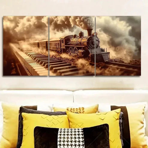 3pcs Steam Train on an Old Piano Wall Art Canvas Unframed - High Quality Print 100% Australian Made Wall Canvas