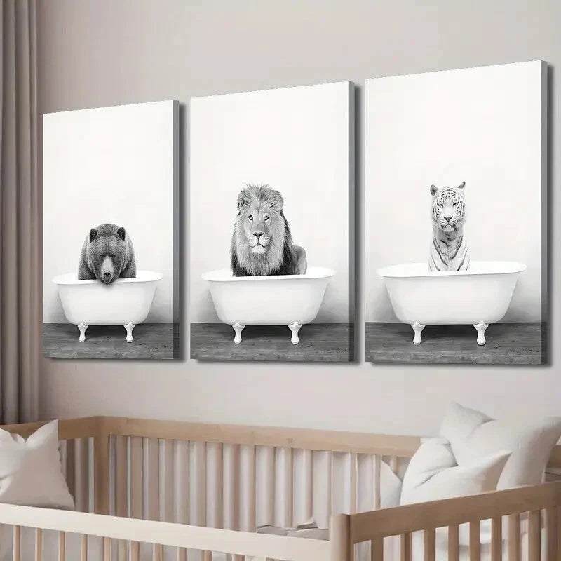 3pcs Vintage Black White Bear Lion Tiger Perfect Wall Art Set Canvas Framed 40x60cm - High Quality Print 100% Australian Made Wall Canvas Ready to Hang - Bella Home Decor