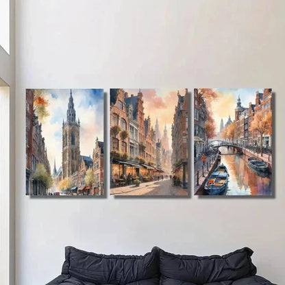 3pcs Autumn Streets of Amsterdam Landscape Wall Art Set Canvas Unframed - High Quality Print 100% Australian Made Wall Canvas - Bella Home Decor