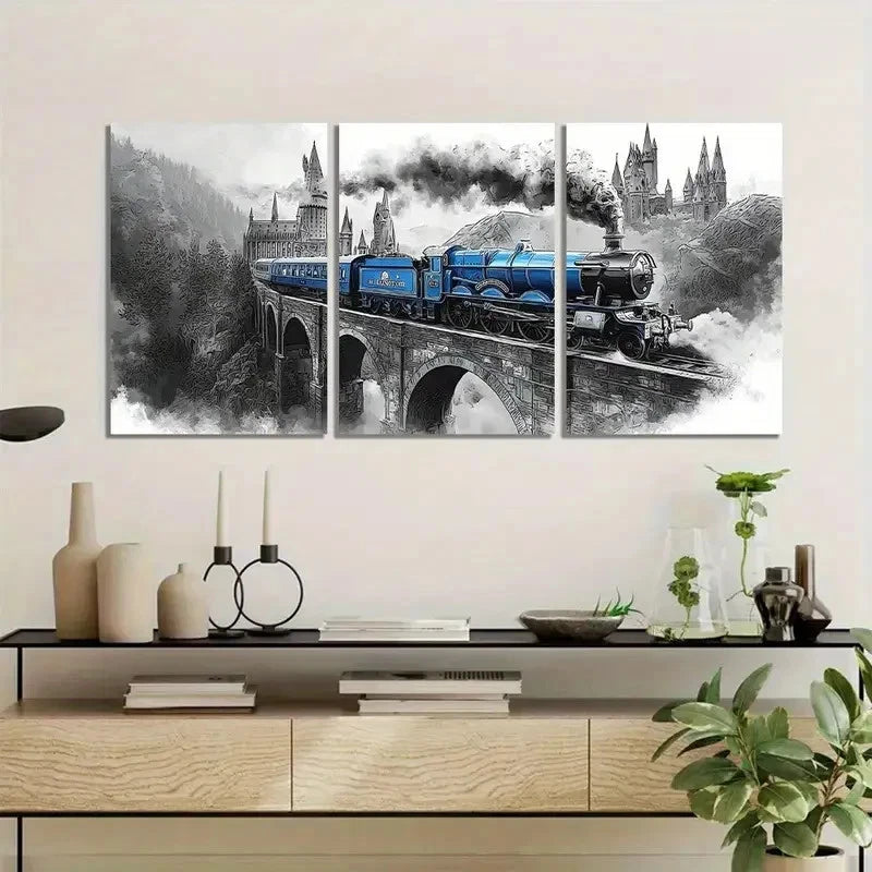 3pcs Black and White Smoke Train Scene Metal Print Ready to Hang Art - Bella Home Decor